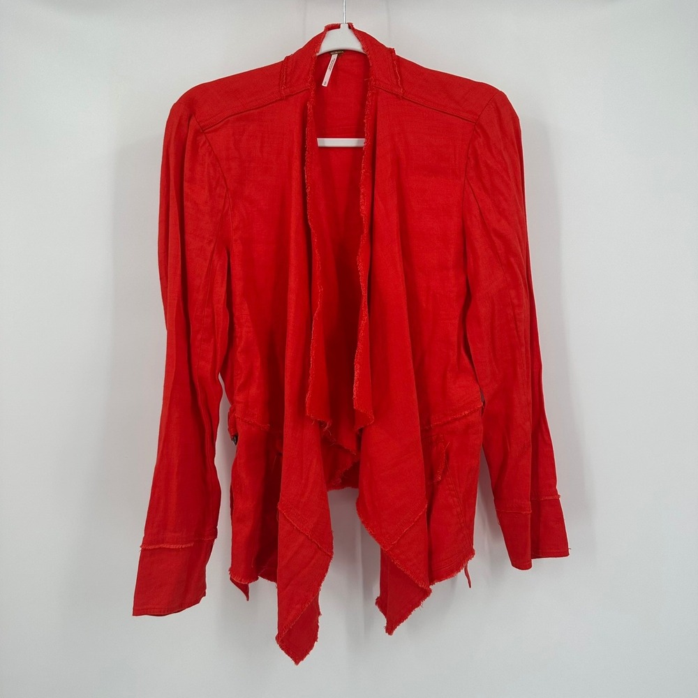 Free People Womens‎ Boho Linen Jacket Size S Shacket Edgy Festival Raw Hem Red